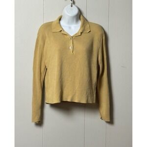 Avalin Women Made in USA Knit Polo Sweater Mustard Yellow Long Sleeve Rayon Sz M